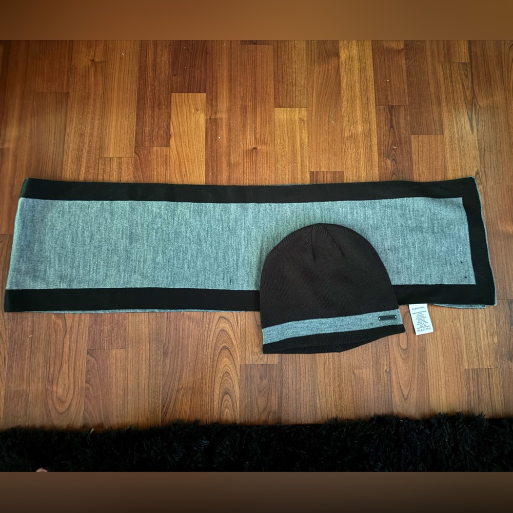 Calvin Klein Black and Gray Beanie and Scarf Set
